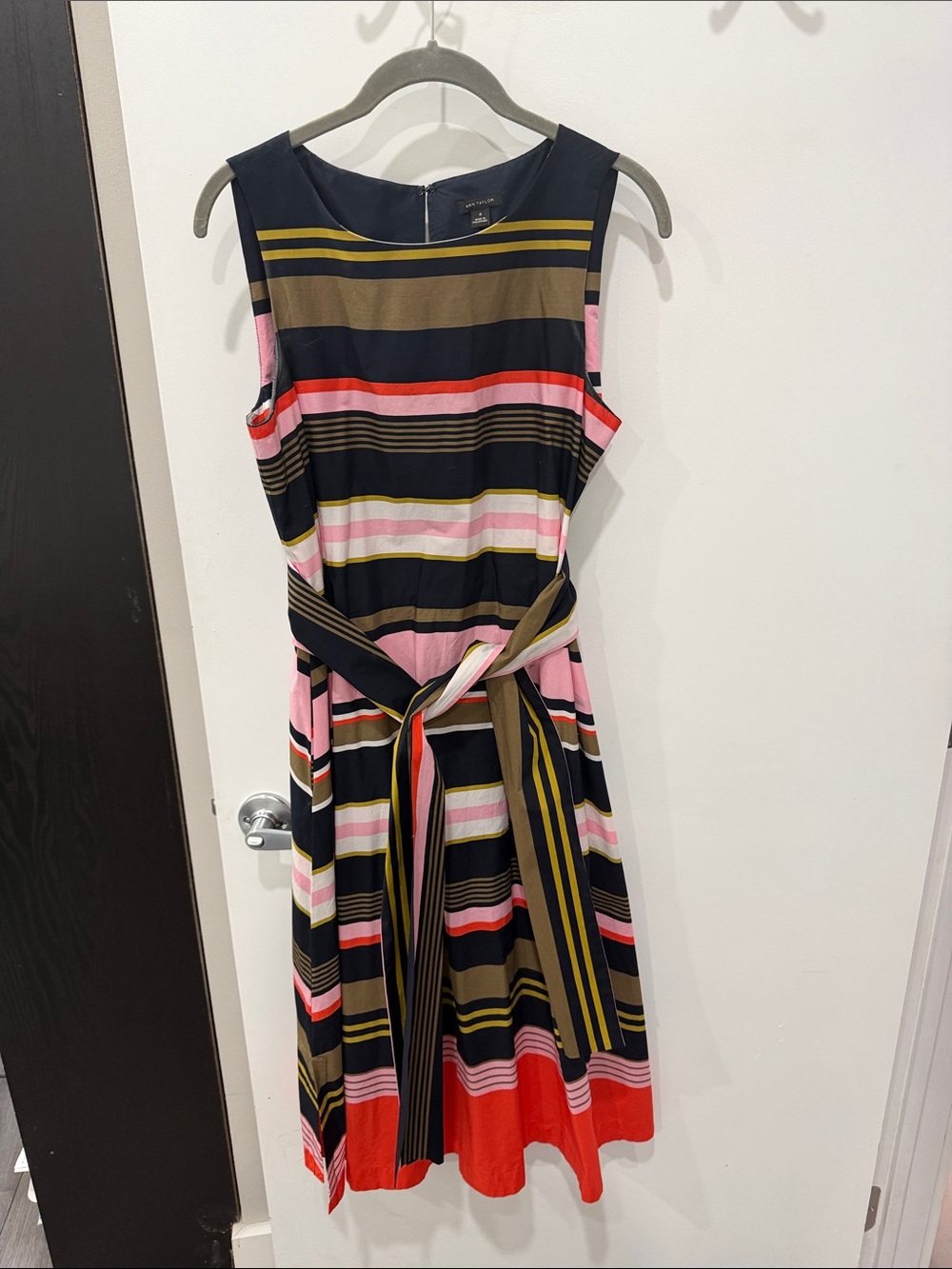 Ann Taylor Sleeveless Striped Belted Fit and flare Midi Dress Navy/Multi-Color
